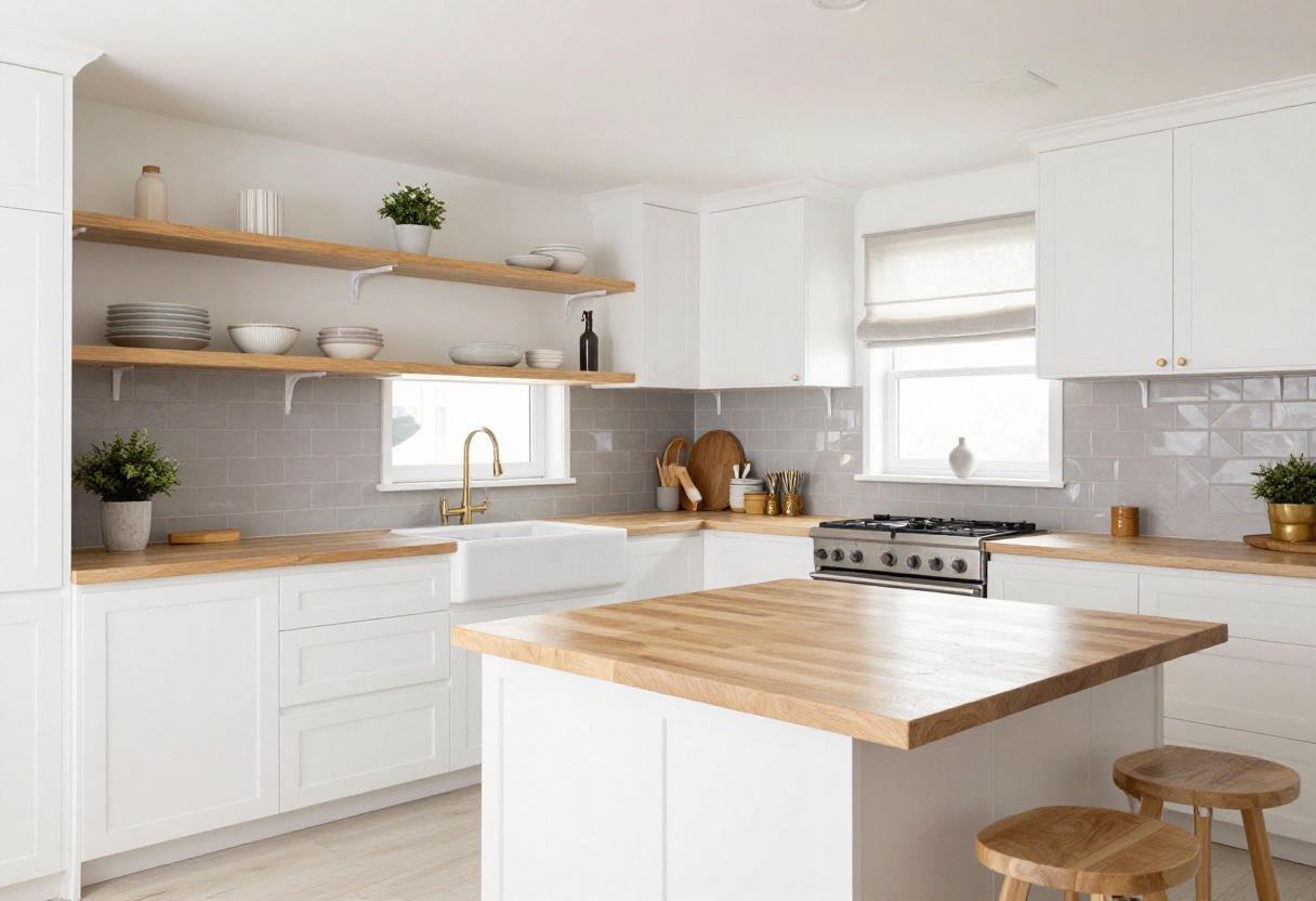 Modern cozy kitchen with white cabinets, wood island, open shelving, and herringbone backsplash