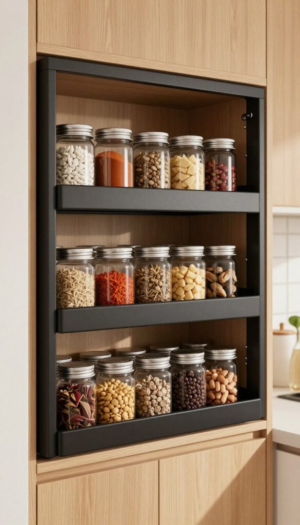 Over-the-door rack on a pantry door with organized jars and snacks