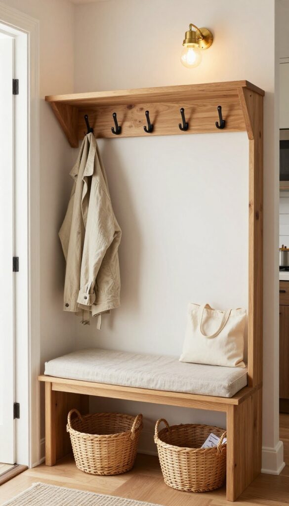 Cozy kitchen alcove mudroom drop zone with wooden bench, hooks, shelf, and warm lighting