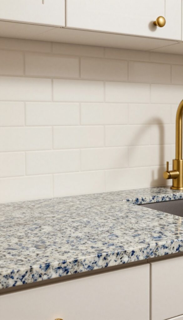 Blue Pearl granite countertop with creamy subway tile backsplash and brass fixtures