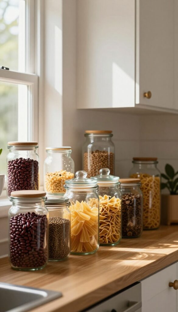 Glass apothecary jars filled with dried goods on top of kitchen cabinets, warm natural light