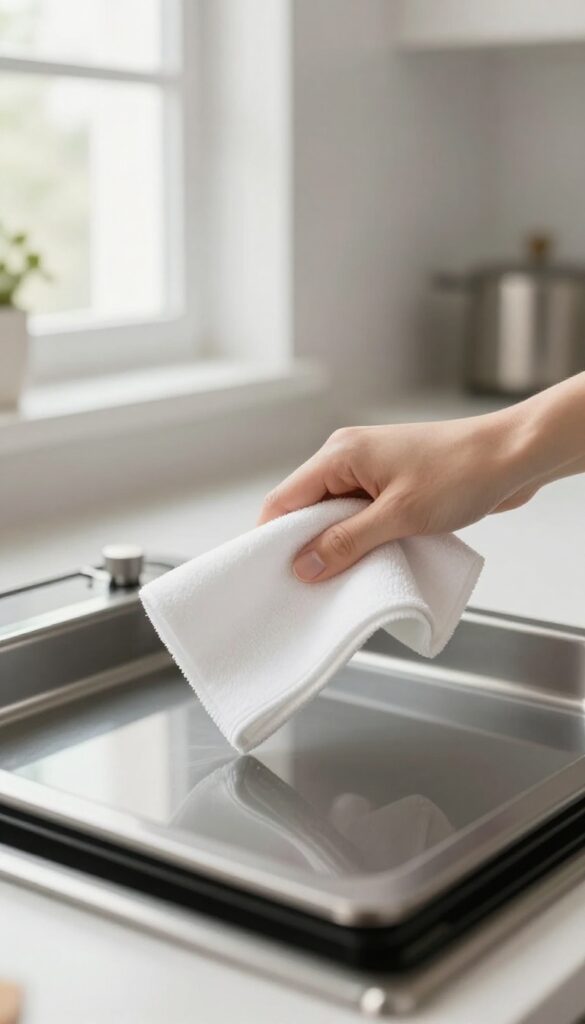 Hand wiping warm oven interior with damp cloth, clean and shiny surface, bright natural light
