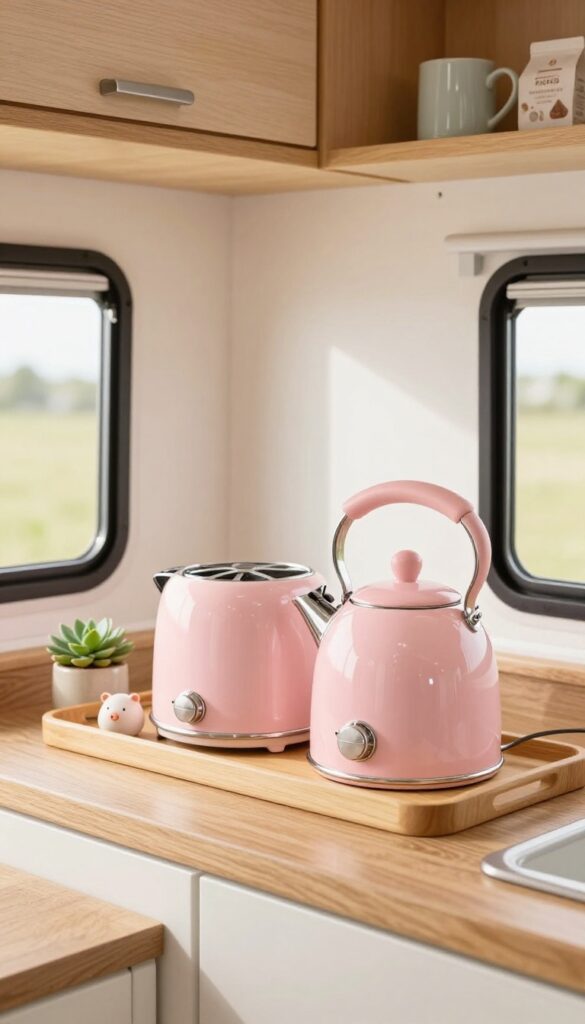 Compact caravan kitchen countertop with pastel pink kettle and toaster on a tray, small plant and ceramic salt pig nearby, bright natural light, cozy and organized.