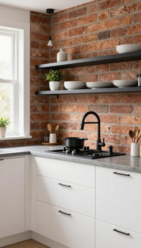 Modern kitchen with brick wall and matte black fixtures