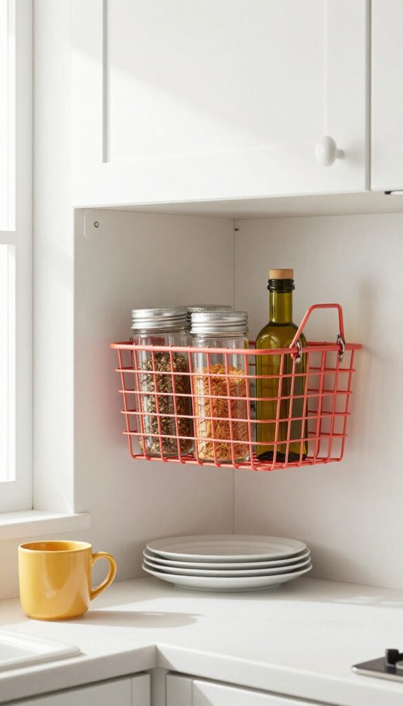 Under-shelf wire basket in coral color clipped to white kitchen cabinet, holding spices and oil bottles, with natural light and clean styling.