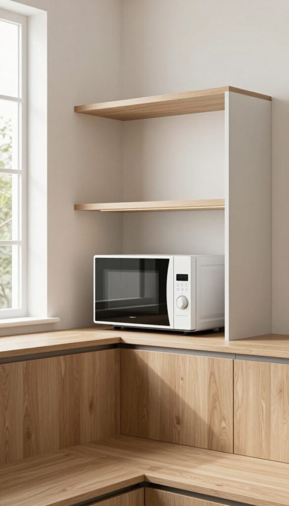 Custom corner banquette with built-in microwave shelf in a modern kitchen