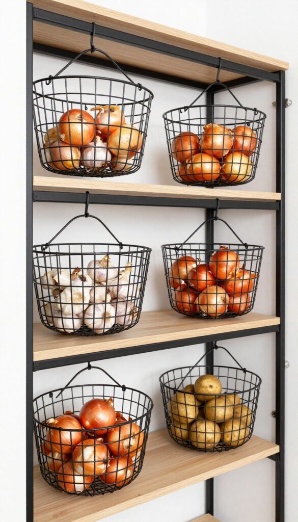 Hanging wire baskets filled with produce on open pantry shelves