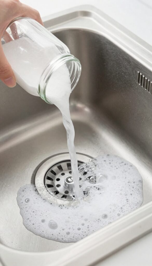 Baking soda and vinegar fizzing in a garbage disposal drain to clean and deodorize