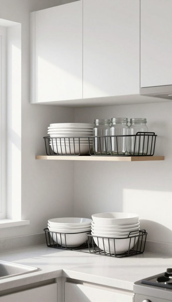Under-shelf wire basket holding white lids and a clear jar in a bright modern kitchen