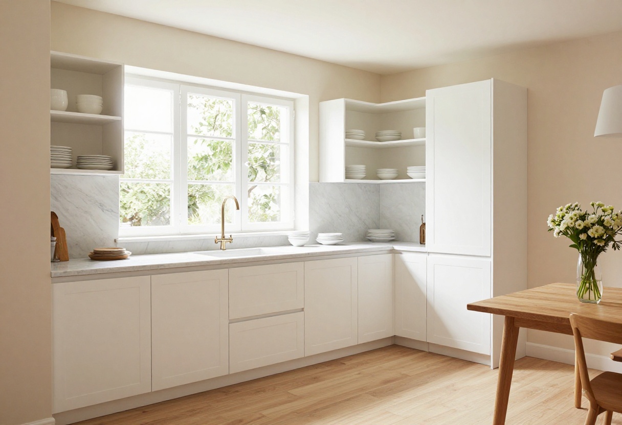 Bright small kitchen with open shelving and natural light