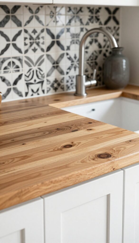 Reclaimed wood countertop with black and white patterned cement tile backsplash, warm natural light, simple white cabinets