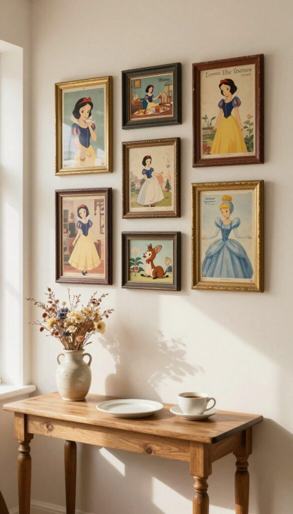 Cozy kitchen breakfast nook with vintage Disney movie poster gallery wall in mismatched thrifted frames