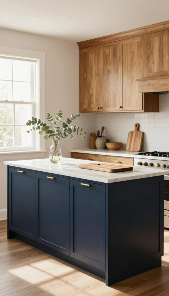 Oak kitchen with navy blue painted island, brass hardware, and natural light