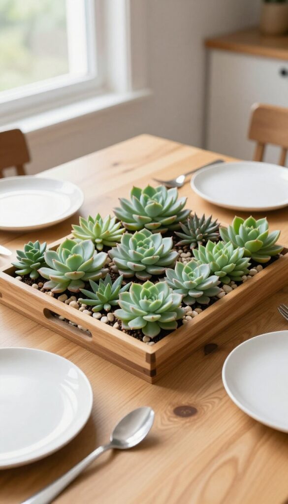 Top view of a kitchen table with a wooden tray of low-growing succulents as a centerpiece, surrounded by plates and cutlery, warm natural lighting.