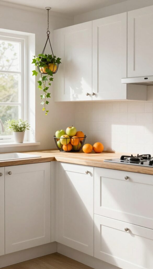Small kitchen with a hanging fruit basket from the ceiling near a window, filled with apples and oranges, rustic farmhouse style