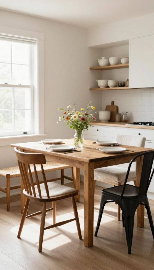 Mix-and-match chairs around a wooden dining table in a bright kitchen nook
