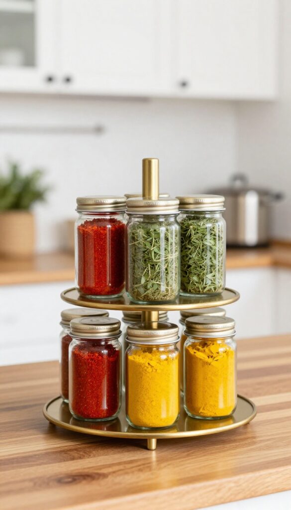 A tiered brass spice carousel on a wooden kitchen counter, filled with colorful spice jars in natural light.