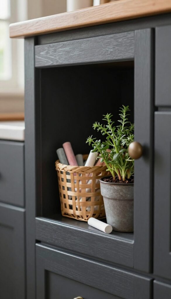 A kitchen cabinet door with chalkboard paint, a small tray for chalk, and a shelf with herbs and a basket, in warm natural light.