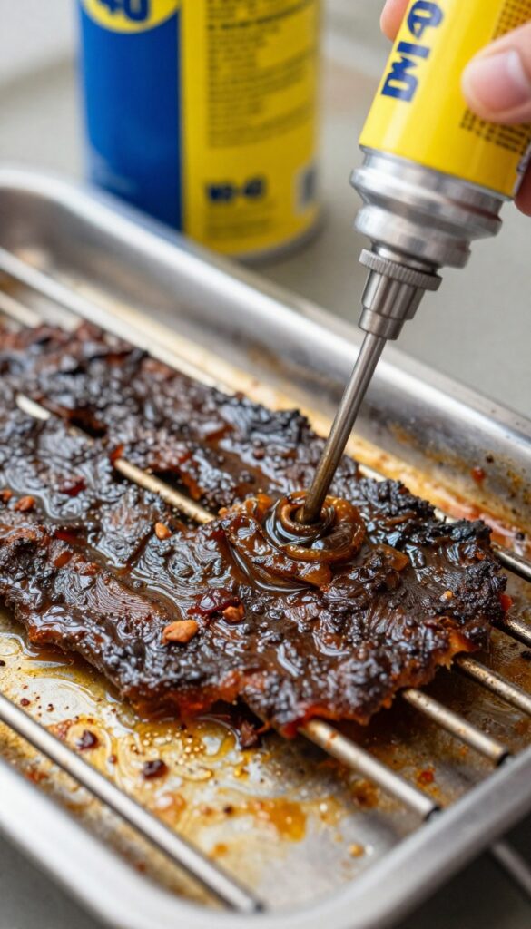 Close-up of grill grate with sticky residue and WD-40 can in background