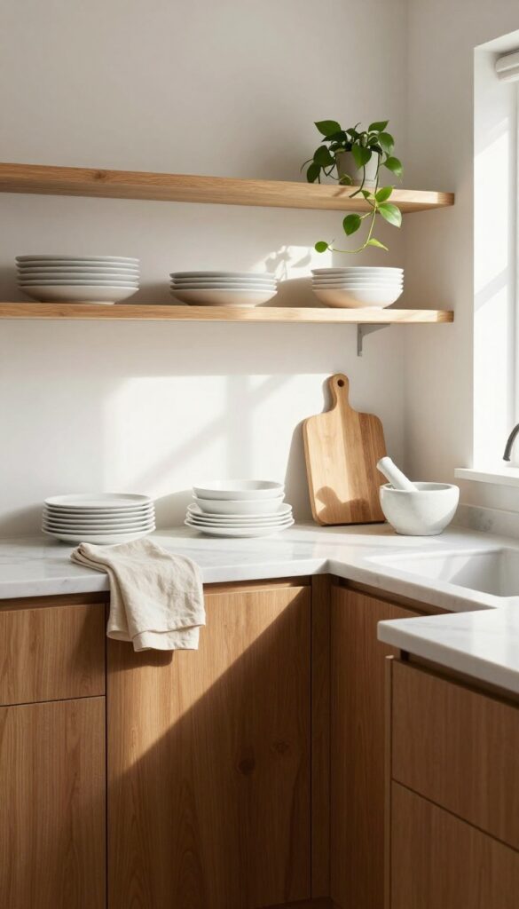 Small kitchen with brown lower cabinets and open shelving displaying white dishes and a potted plant