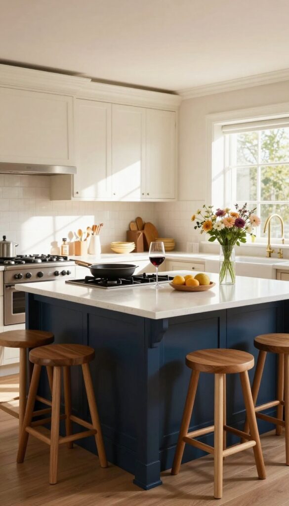 Two-tone kitchen island with navy base and white quartz top, deep drawers, and breakfast bar seating, warm natural light