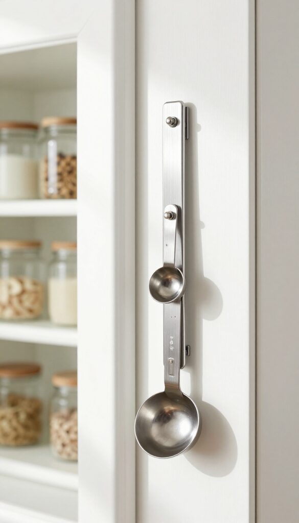 Open pantry door with magnetic strip holding measuring spoons, organized by size