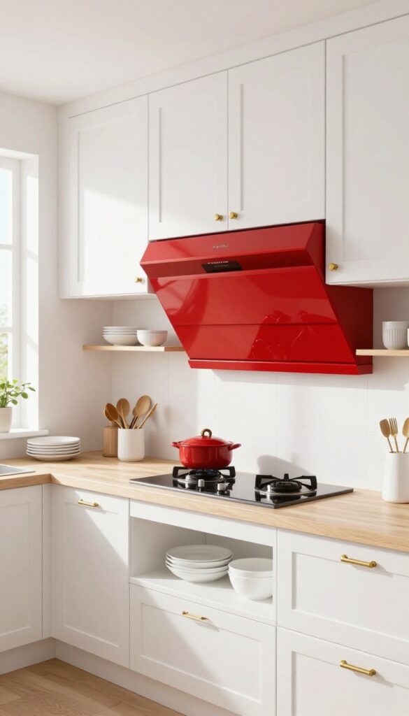 Bright kitchen with white cabinets and a glossy red range hood as statement piece