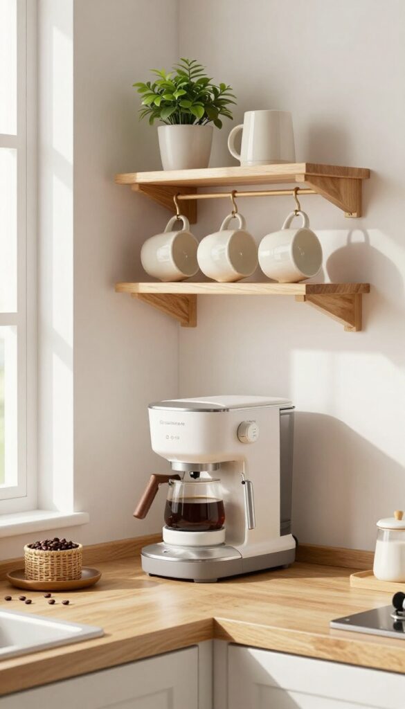 A corner shelf coffee station in a small kitchen with a coffee maker, mugs, plant, and natural wood shelf.