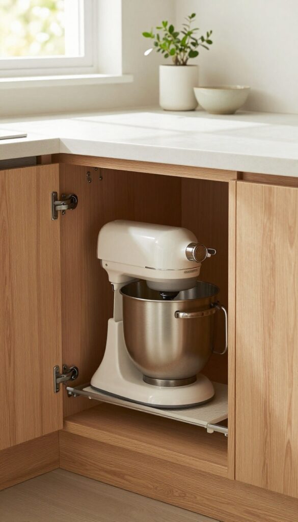 Pull-out shelf in kitchen cabinet with stand mixer, bright natural light, clean and organized