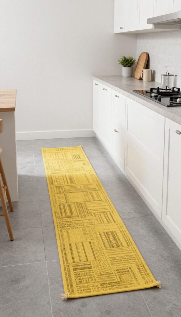 Grey kitchen floor with a yellow patterned runner, white cabinets, bright natural light.