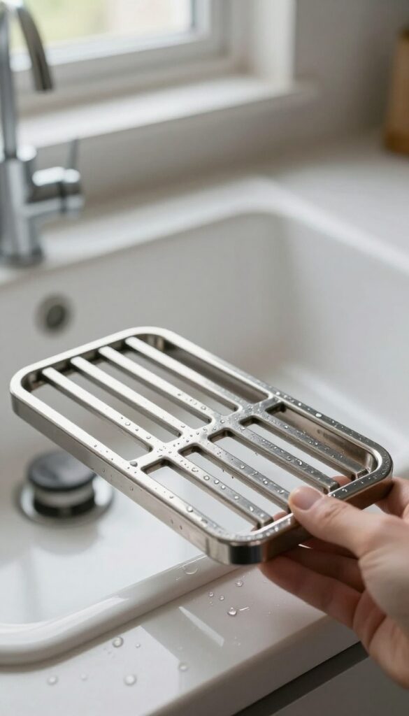 Close-up of a clean stove grate being held with a gloved hand, with water droplets and natural kitchen light.