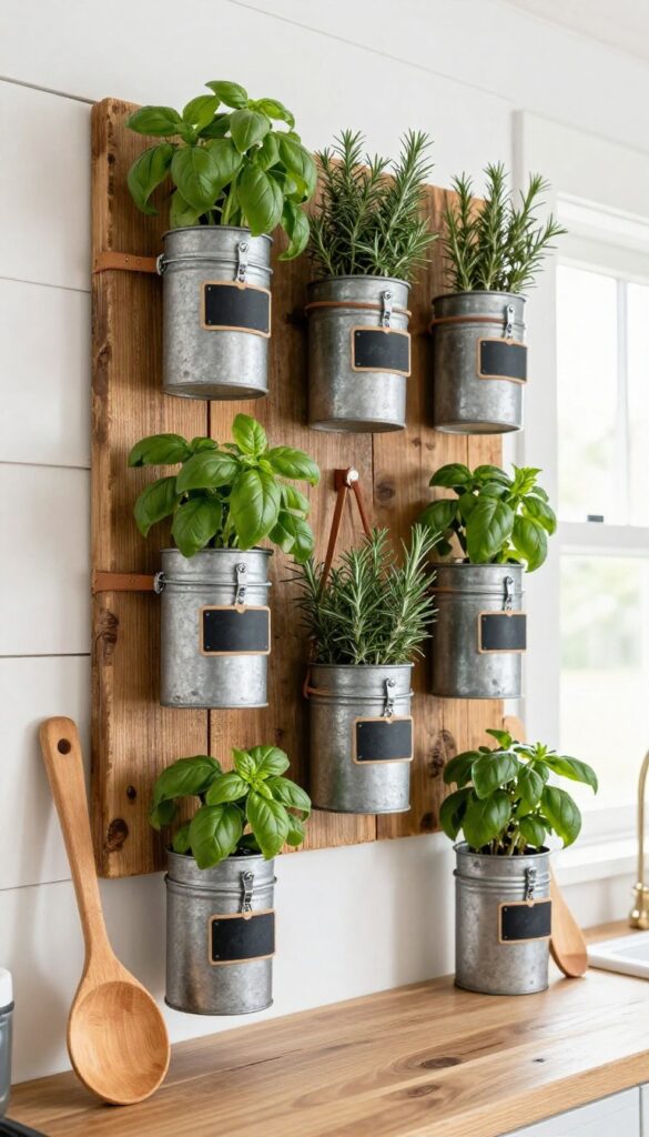 A wall-mounted herb garden display with mason jars and metal tins on a reclaimed wood board, featuring fresh basil and rosemary, with chalkboard labels and wooden utensils nearby in a bright farmhouse kitchen.