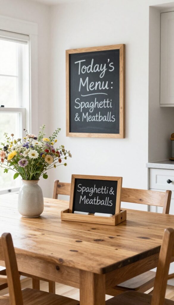 A chalkboard menu board hanging on a wall near a kitchen dining table, with chalk and eraser on a tray below, in a bright farmhouse-style kitchen.