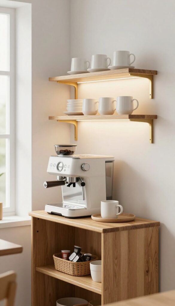 Compact coffee station with espresso machine, white mugs, and warm pendant light in a modern kitchen corner.