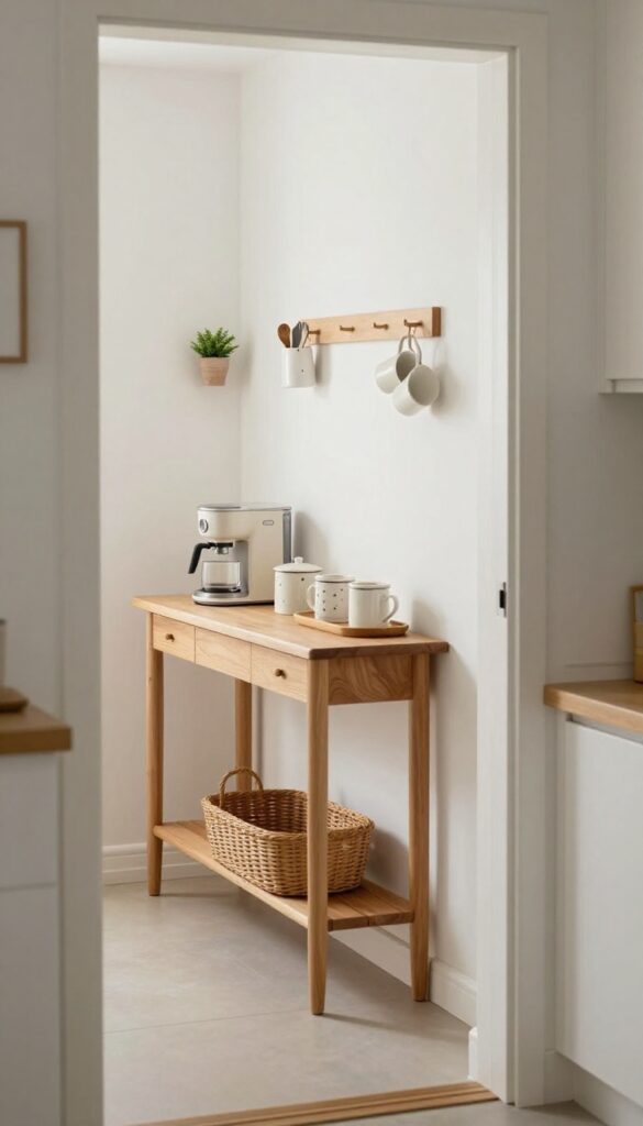 Slim console table coffee bar behind a door in a narrow hallway