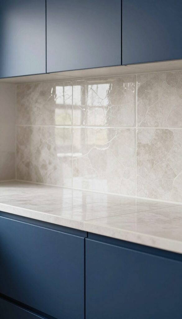 Navy blue kitchen cabinet with textured cream and warm gray Zellige tile backsplash, natural light, close-up