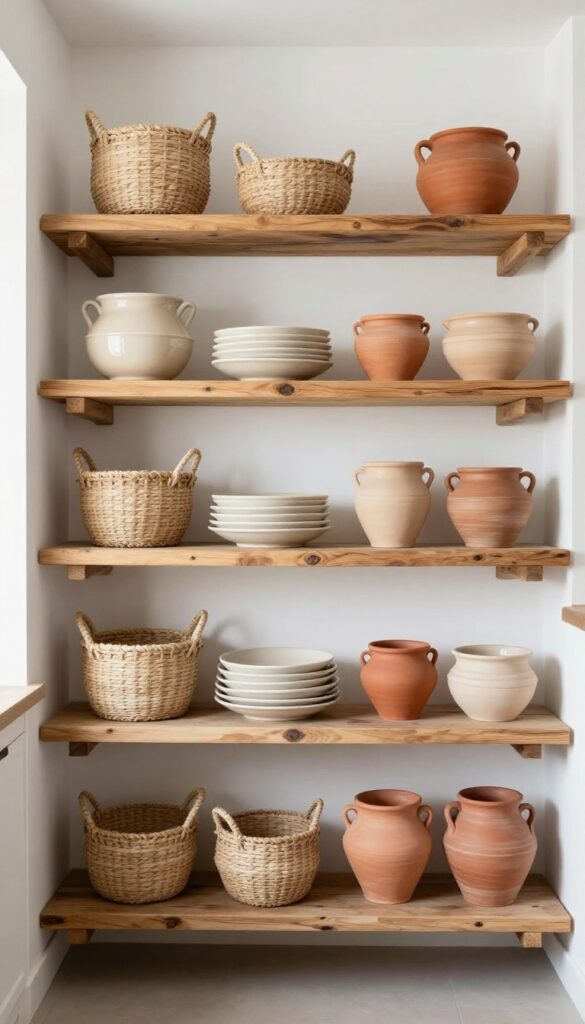 Open shelving with woven baskets and clay pots in a light, airy kitchen