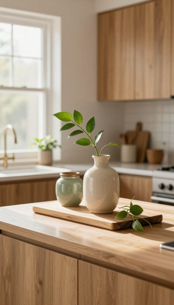 Kitchen countertop with oak cabinets, wooden cutting board, ceramic vase, stoneware jar, and trailing plant in natural light