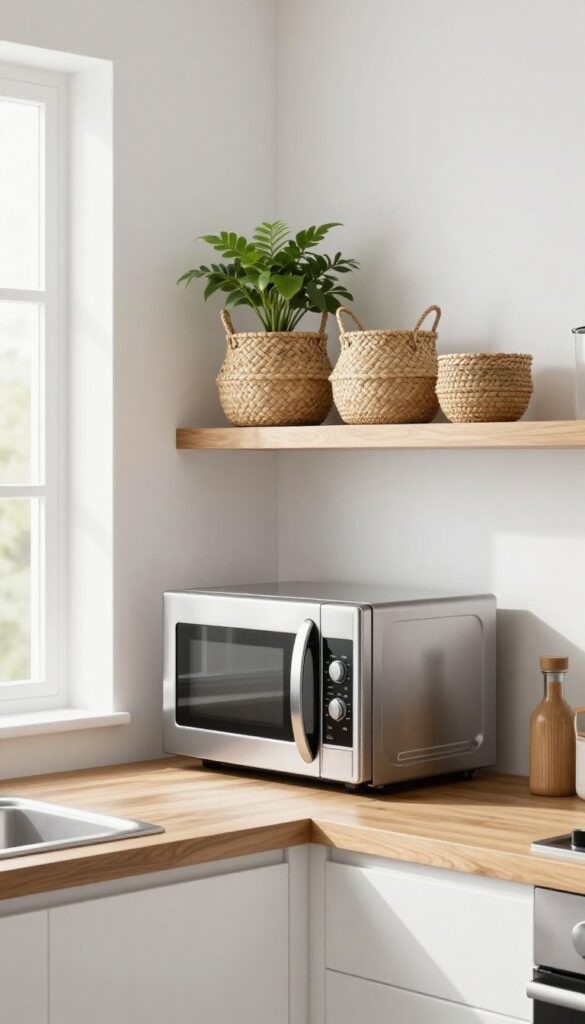 Wall-mounted shelf with microwave and woven baskets in a bright kitchen corner