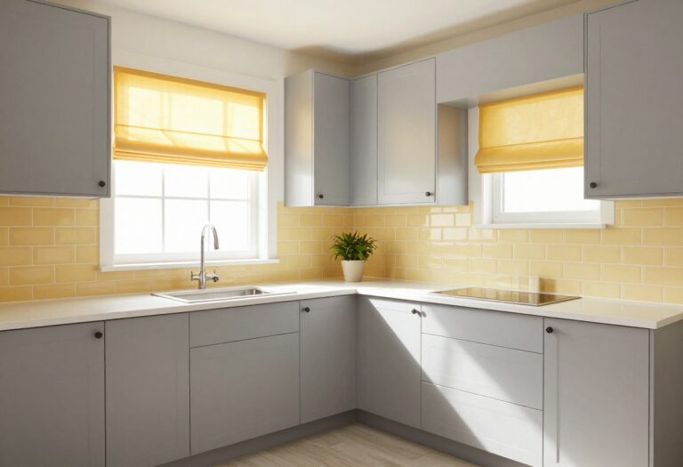 Small grey and yellow kitchen with sunny backsplash and natural light