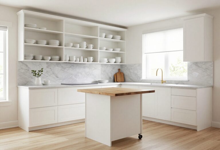 Bright modern small kitchen with open shelving and island