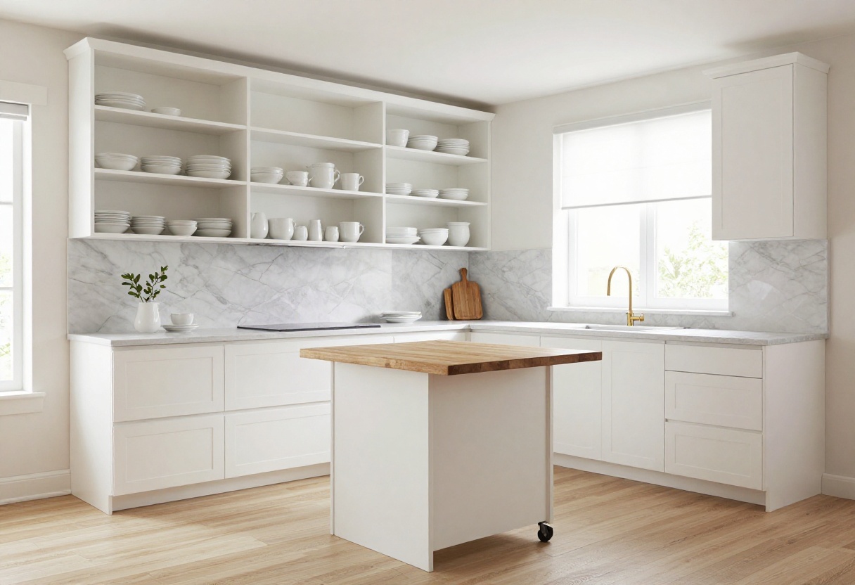 Bright modern small kitchen with open shelving and island