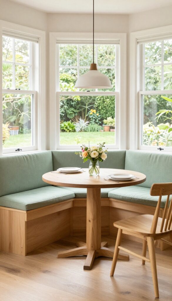 Corner window seat with L-shaped bench and round table in a bright kitchen