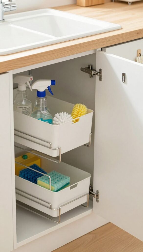 Under-sink pull-out drawer organizer with cleaning supplies neatly arranged