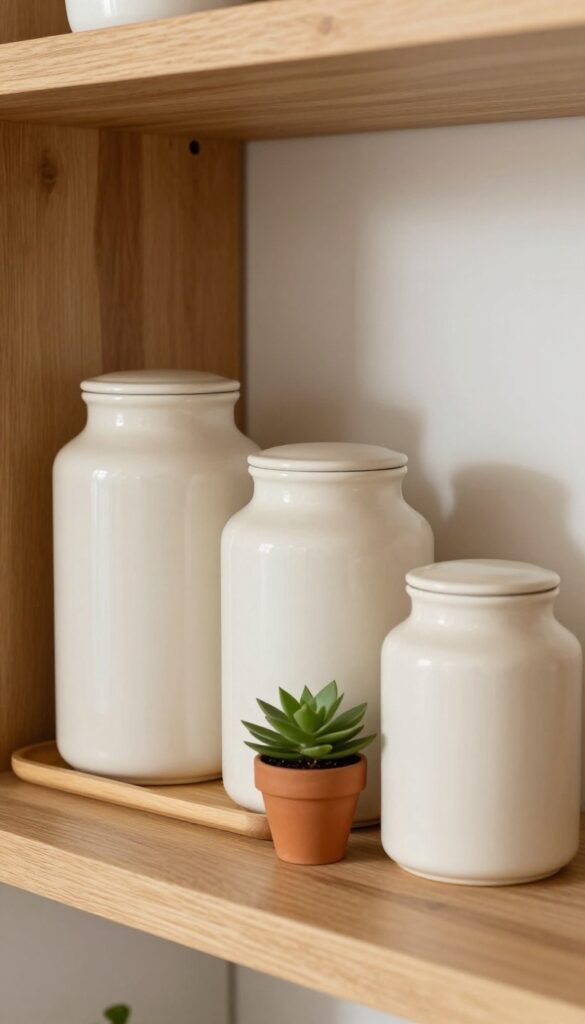 Three cream ceramic canisters of different heights on a wooden kitchen shelf with a small plant.