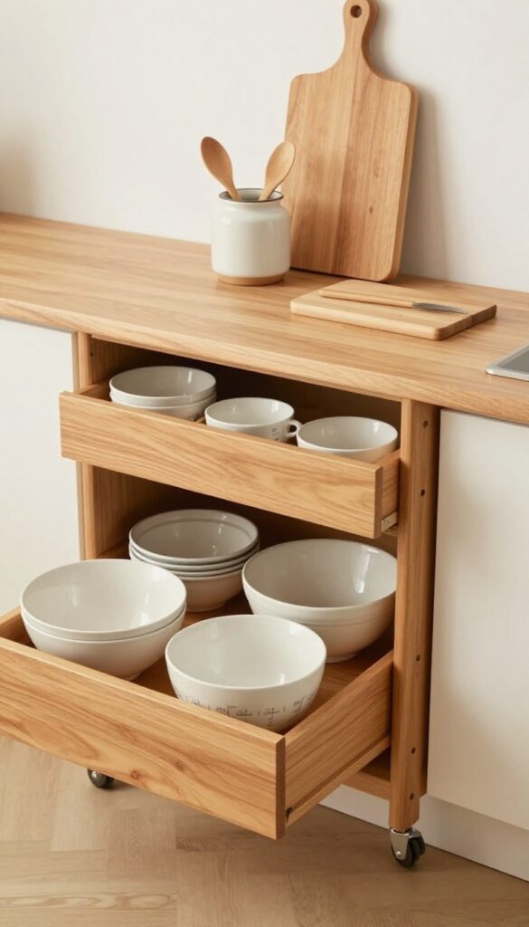 Rolling cart with drawers in a bright kitchen, warm wood finish, organized tools on top