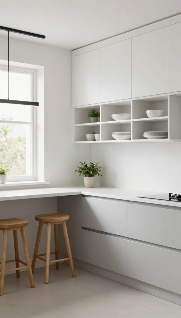 Galley kitchen with single wall of storage and slim breakfast bar