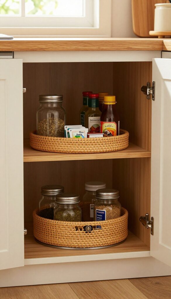 Open corner cabinet with lazy Susan holding spices and condiments neatly organized