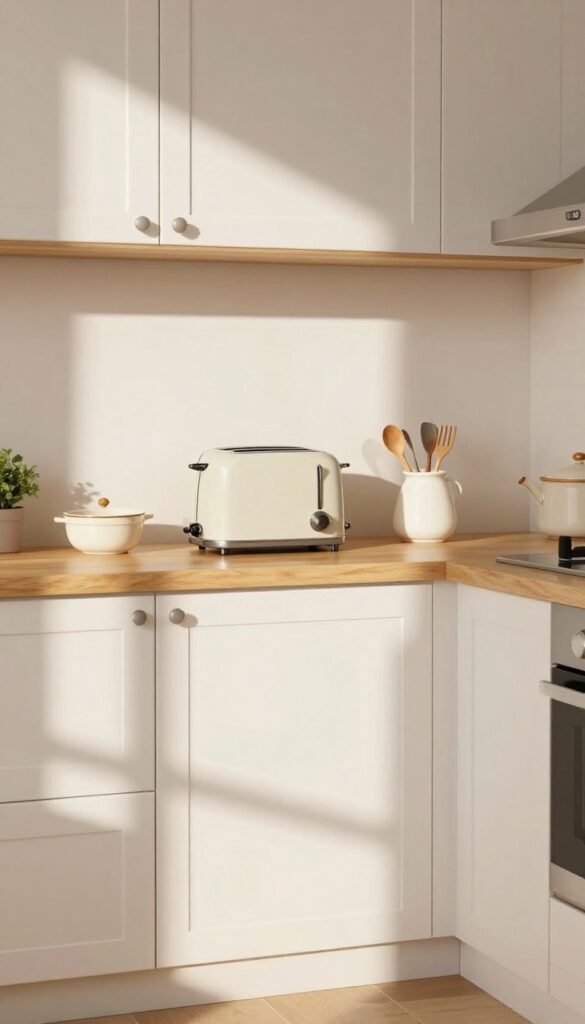 A kitchen shelf at the end of cabinets holding a toaster and plant