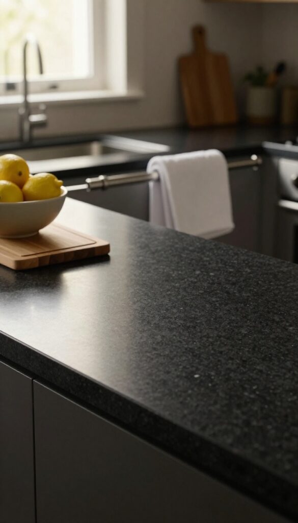 Granite kitchen island countertop with side-mounted towel bar, bright natural light, clean composition.